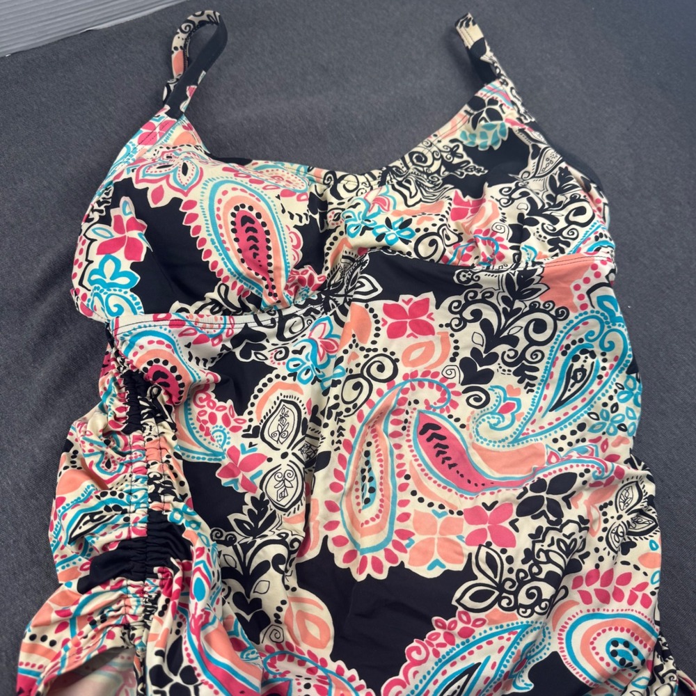 24th & Ocean Womens Paisley Tankini Top Black Pink Blue Side Cinch Size L